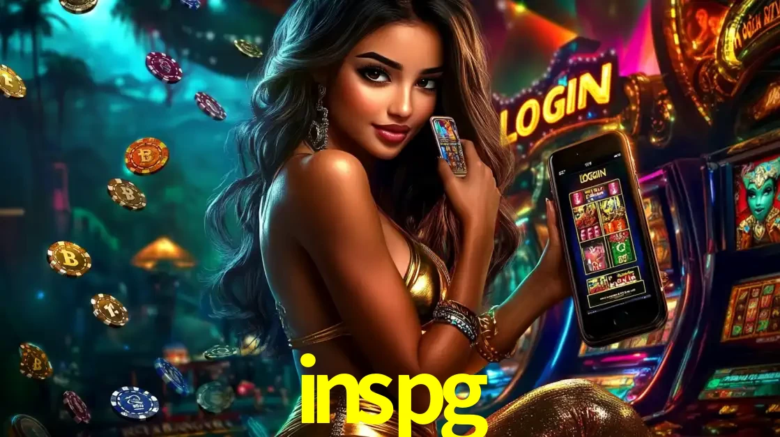 Mulher em um cenário de cassino temático de aventura, mostrando o app de caça-níqueis da inspg no celular. Fichas de apostas flutuam ao redor.