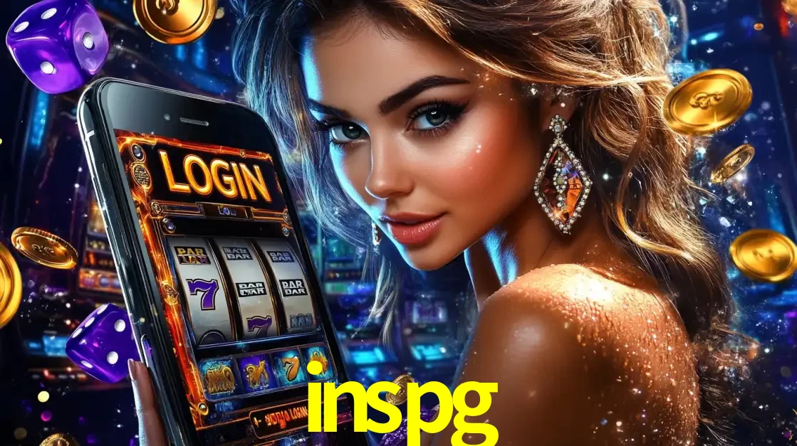 Mulher glamorosa segurando um smartphone com a tela de login para os jogos de caça-níqueis do cassino online inspg, com moedas de ouro e dados ao redor.